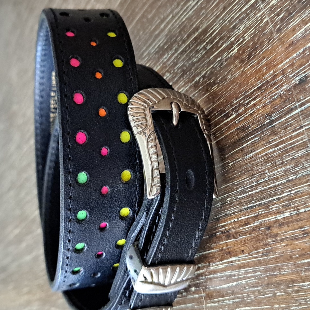 Torel Belt Black Split Cowhide Self Lined Size 28 Silver Buckle Rainbow Dots USA